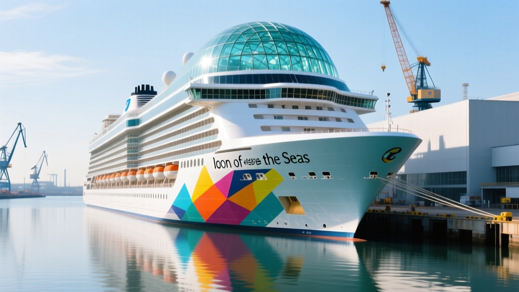 LNG-powered cruise ship Icon of the Seas at a shipyard, featuring its signature AquaDome glass structure and vibrant multi-deck hull