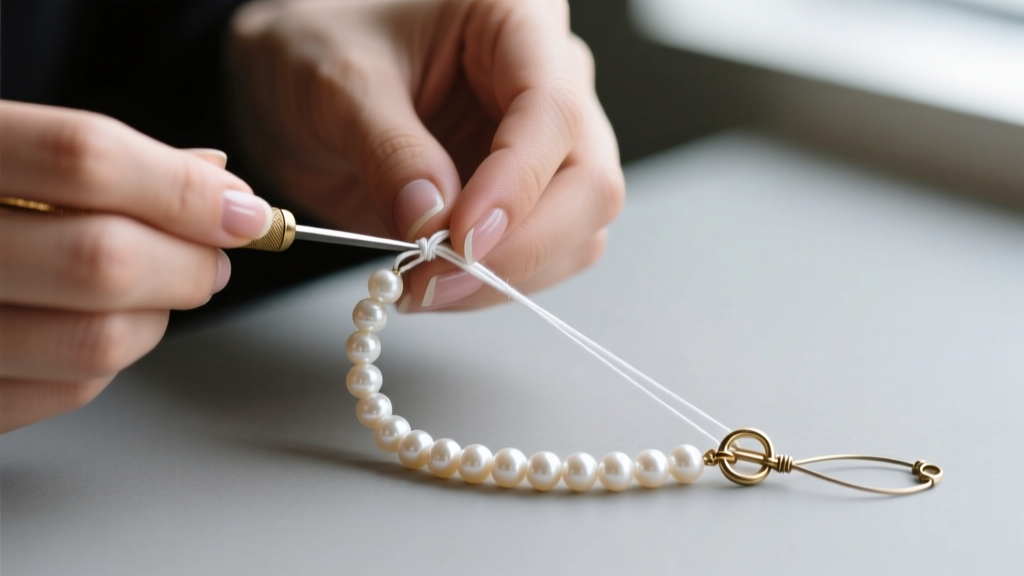 Jeweler hands using an awl and white silk thread to knot a beaded pearl necklace, with a brass clasp and French wire visible.
