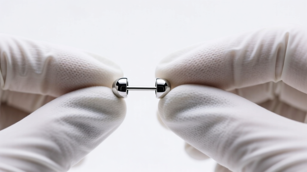 Gloved hands holding a 16-gauge ASTM F136 titanium labret earring stud with a mirror finish under bright, clean studio lighting.