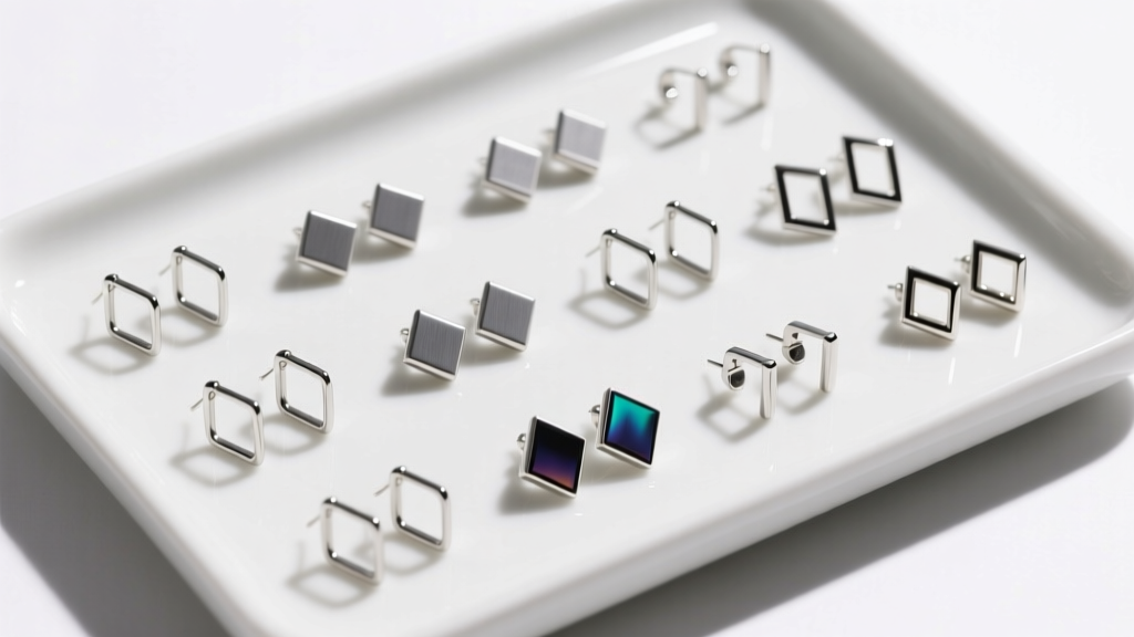 Top-down view of hypoallergenic wire earrings made of titanium and niobium, organized neatly on a white ceramic jewelry tray.