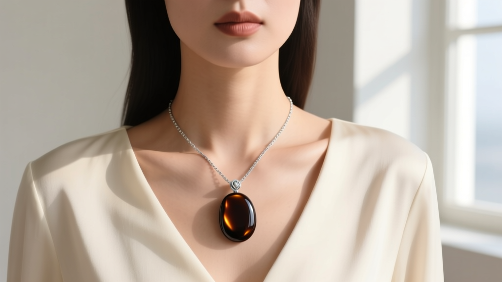 Model wearing a silver chain and mahogany obsidian pendant over a cream blouse, close-up highlighting the collarbone and stone.