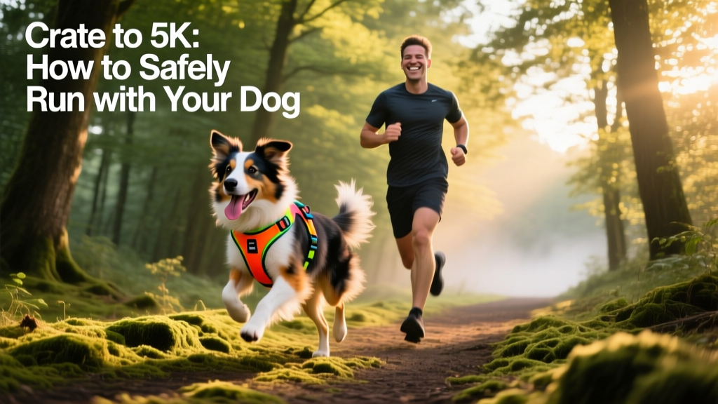 A smiling person jogging alongside a happy, energetic dog on a tree-lined trail