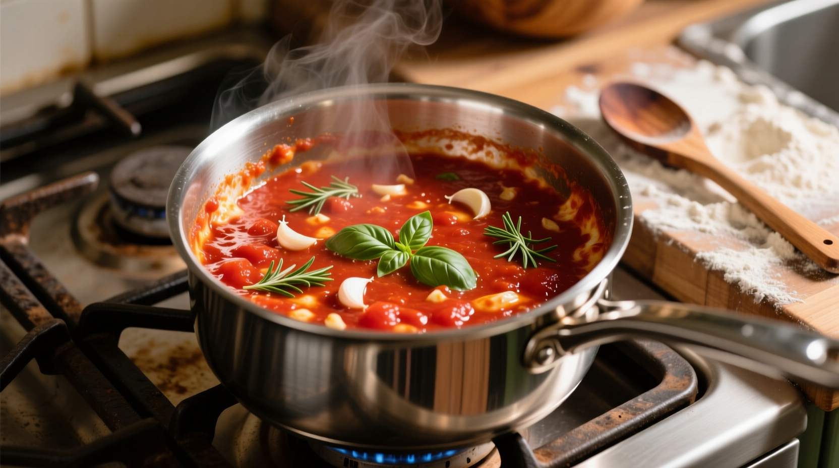 Homemade pizza sauce in stainless steel pot