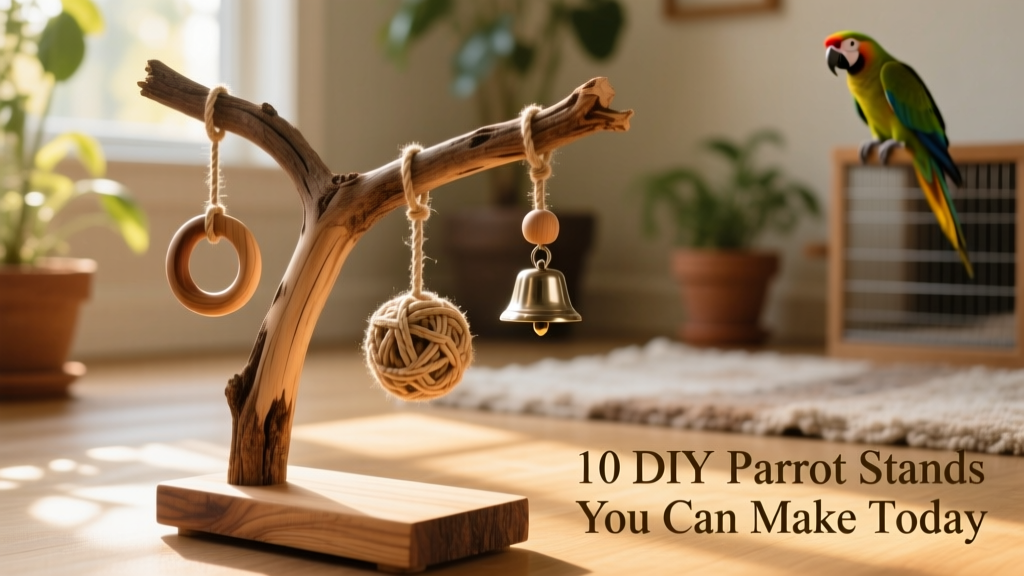 Side view of a finished DIY parrot stand made from a smooth tree branch mounted on a wooden base with hanging toys