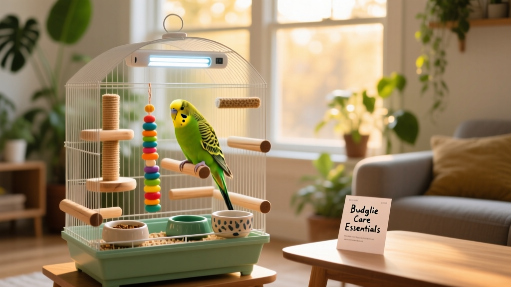 A well-equipped parakeet cage with multiple perches, toys, food dishes, and UV lighting