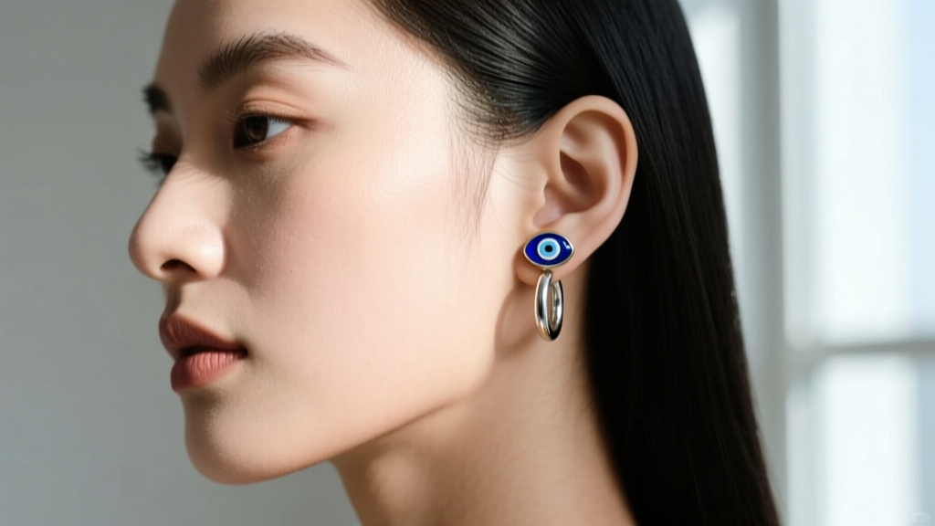 Side profile showing a blue enamel evil eye stud in the upper lobe paired with a simple silver huggie hoop, soft daylight.