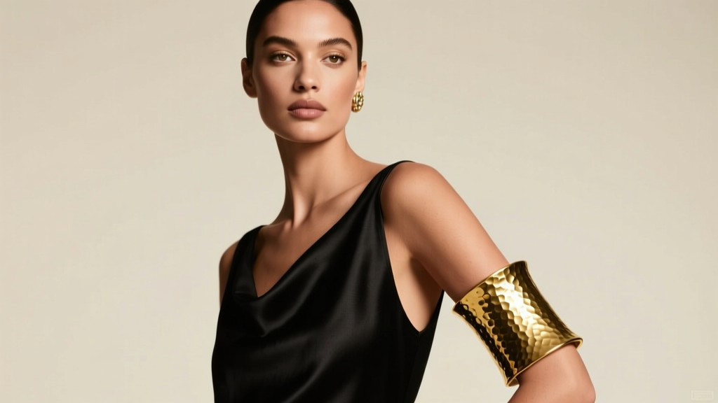 Elegant woman wearing a wide, hammered 18k yellow gold bicep arm cuff over a black silk sleeveless top, studio lighting.