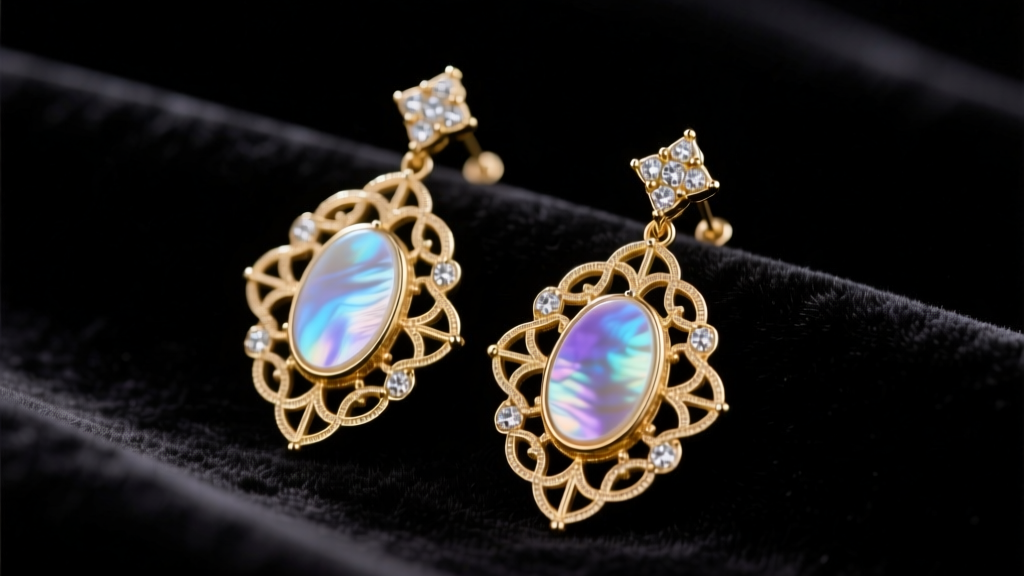 Close-up of Art Deco vintage mother of pearl earrings in gold filigree settings resting on dark velvet under soft studio lighting.