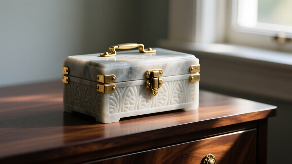 Vintage Incolay stone jewelry box with cast-stone exterior and brass hinges resting on a dark walnut dresser in natural sunlight