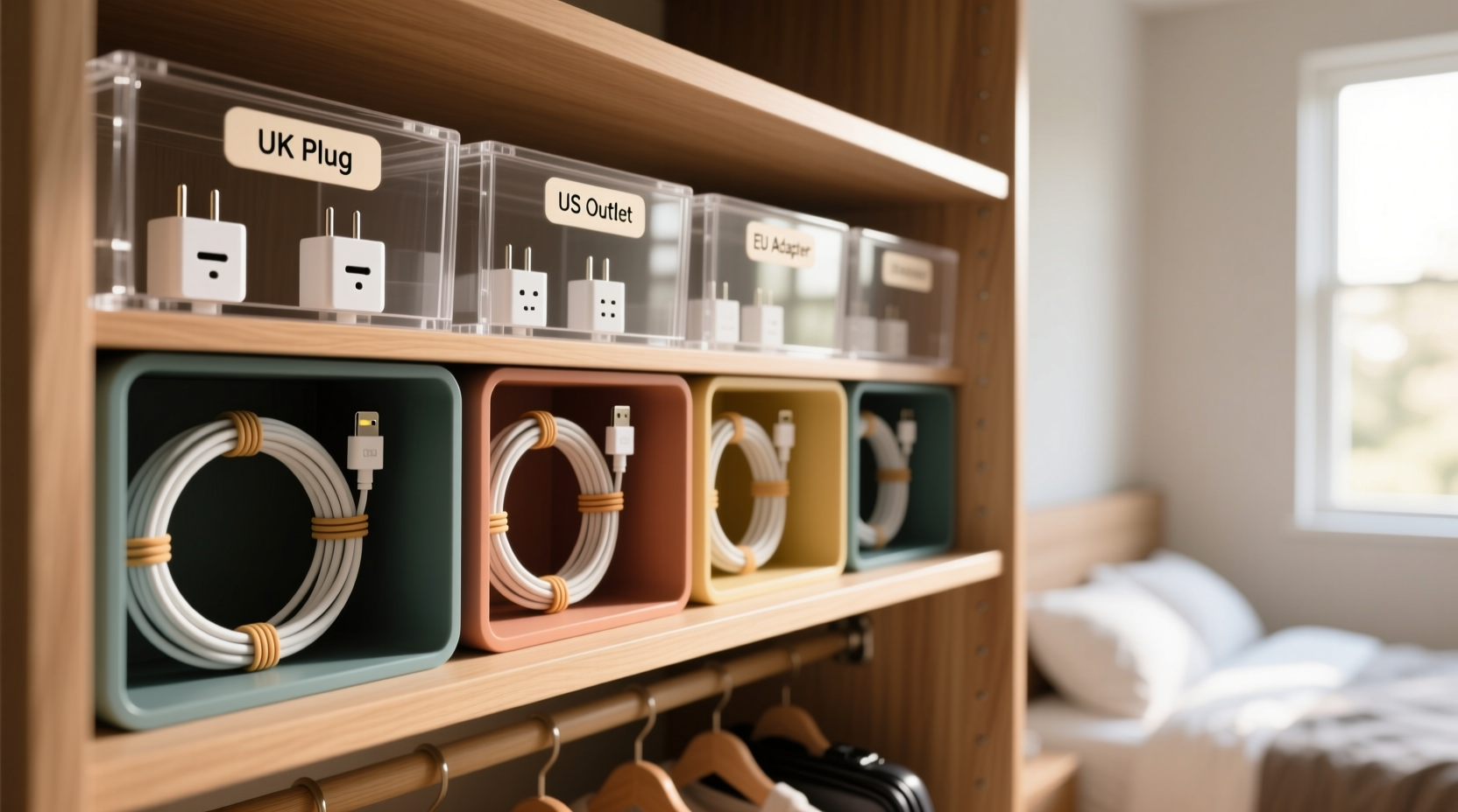 closet organization tips for travel adapters