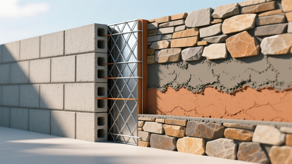 Cross-section engineering diagram showing a reinforced CMU retaining wall with galvanized lath, mortar scratch coat, and adhered stone veneer