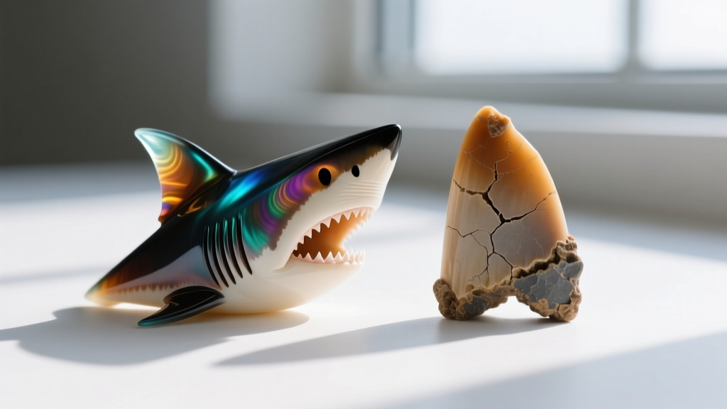 Macro shot of a dyed resin replica shark tooth beside a real fossilized mako tooth, showing surface texture and color contrast.