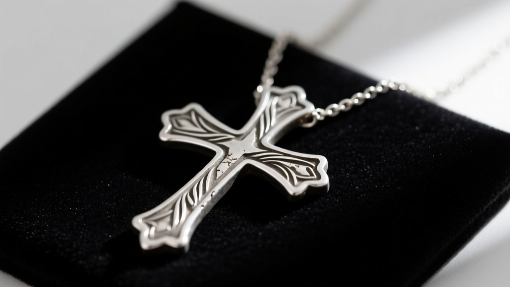 Tarnished sterling silver double cross necklace on dark velvet, highlighting engraved crevices requiring careful deep cleaning.