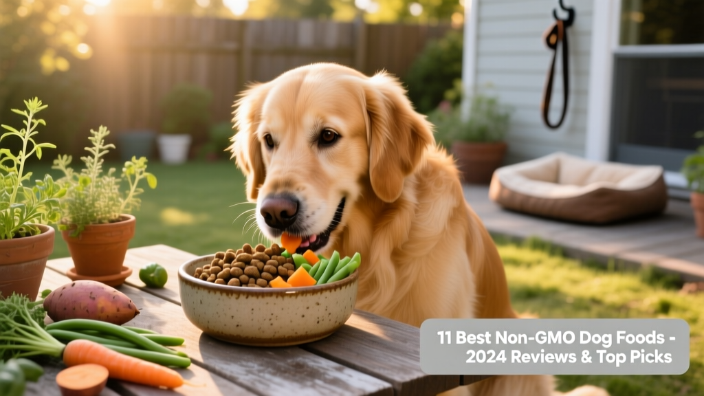 A happy, healthy golden retriever eating from a ceramic bowl filled with kibble and fresh vegetables