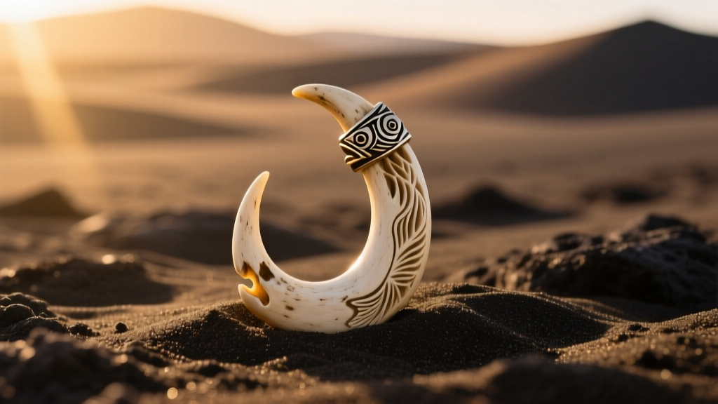 Hand-carved cow bone Hawaiian Makau fish hook pendant resting on dark volcanic sand, illuminated by warm natural sunlight