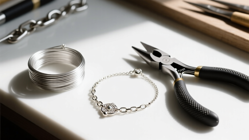 Close-up of a workbench with 20-gauge sterling silver wire, chain-nose pliers, and a partially assembled necklace.