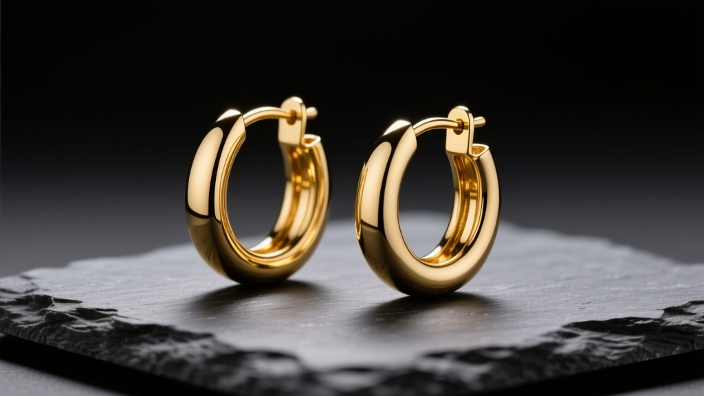 Close-up of 14k yellow gold hoop earrings on dark slate, lit by soft studio lighting to highlight metal luster.