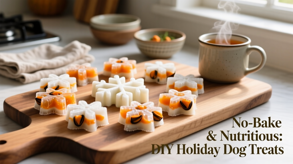 Snowflake-shaped frozen dog treats with visible layers of kefir and orange mussel-pumpkin mixture