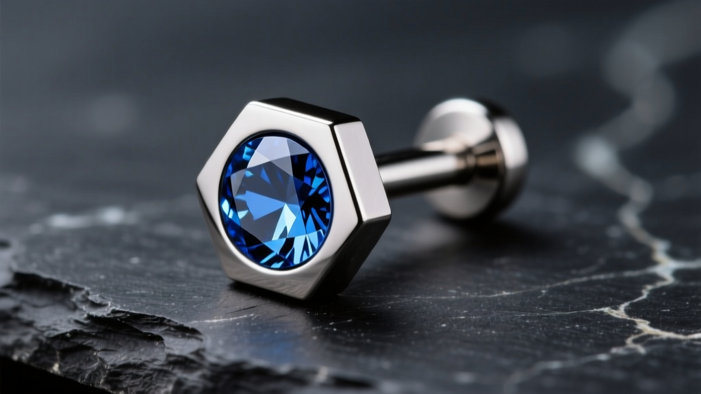 Close-up of a 16-gauge implant-grade titanium flat-back labret stud with a bezel-set sapphire on a dark slate surface.