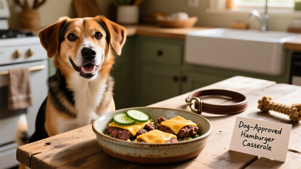 A happy, medium-sized dog sitting beside a shallow dish containing small portions of the hamburger casserole, with visible cucumber and cheese bits