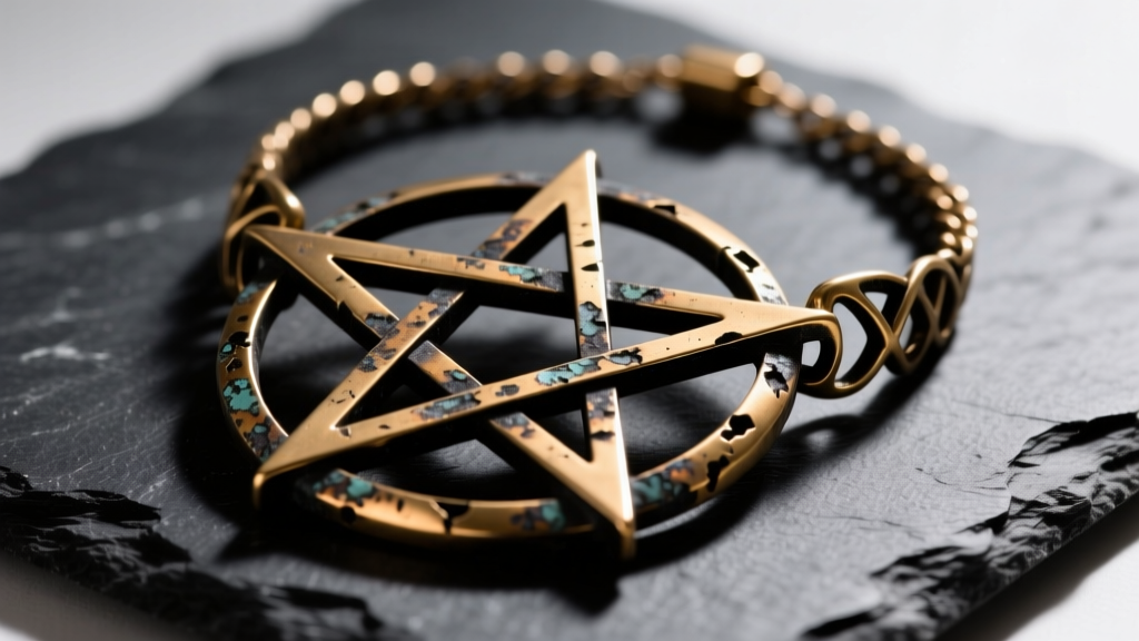Close-up of an oxidized brass Rick Owens pentagram necklace on dark slate, highlighting gothic metalwork and blackened crevices.