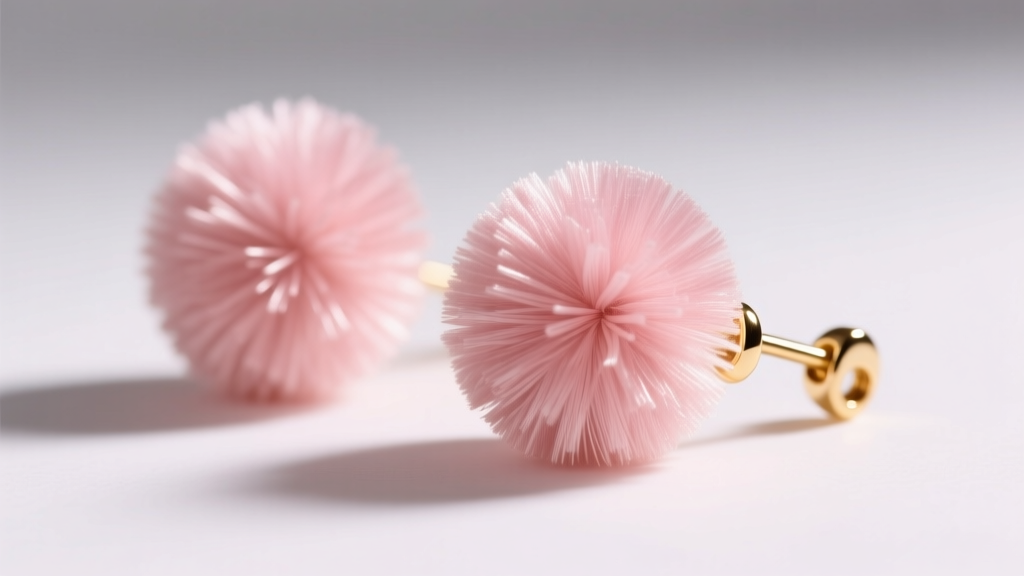 Macro photo of blush pink silk pom pom earrings on a gold ear wire, soft studio lighting highlighting the delicate natural fibers