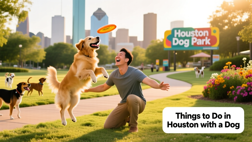 A dog and pet parent enjoying open space at a vibrant dog park in Houston