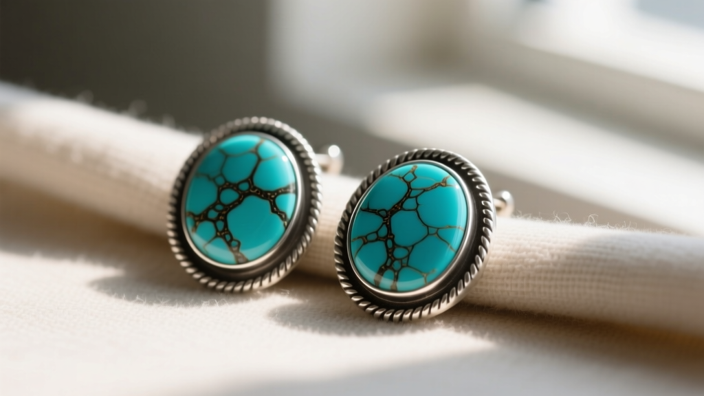 Sterling silver turquoise concho earrings on a microfiber cloth under warm light, showing the dark stone matrix webbing clearly