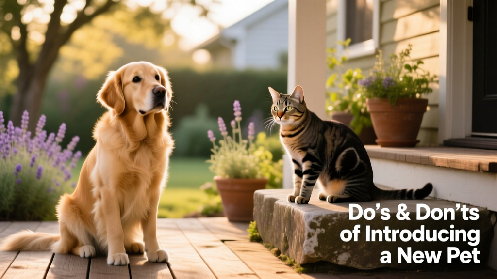 A curious dog sitting calmly while a cat observes from a nearby perch, both appearing relaxed and unthreatened