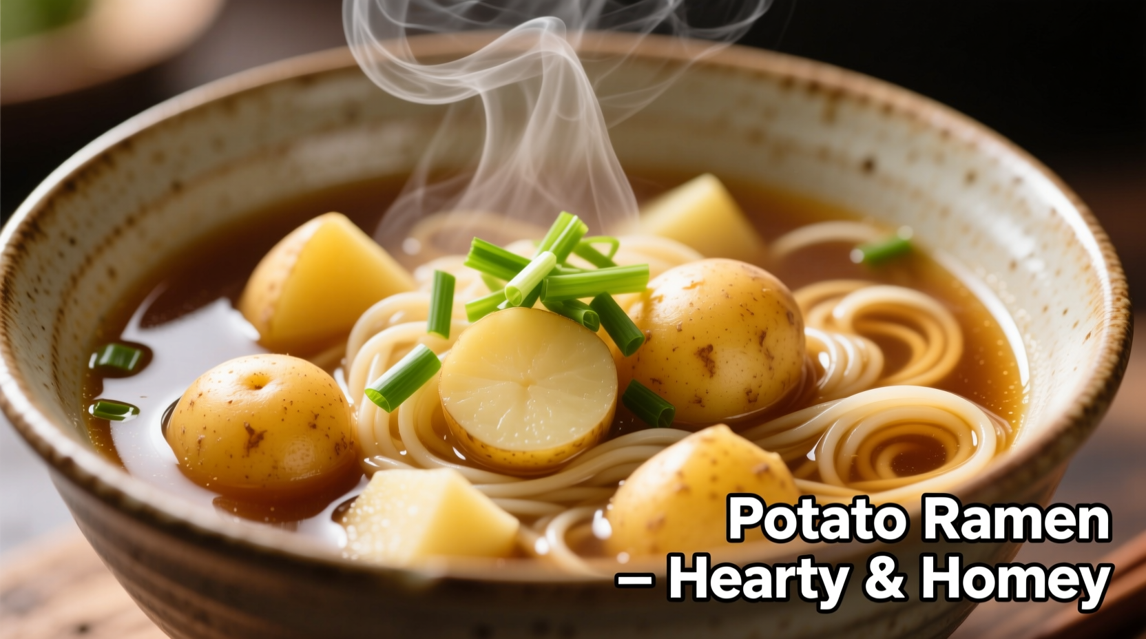 Steaming bowl of potato ramen with visible potato chunks