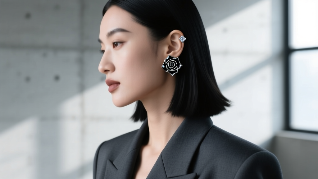 Side profile of a woman wearing a black diamond and onyx rose stud in her upper helix piercing, paired with a modern dark blazer