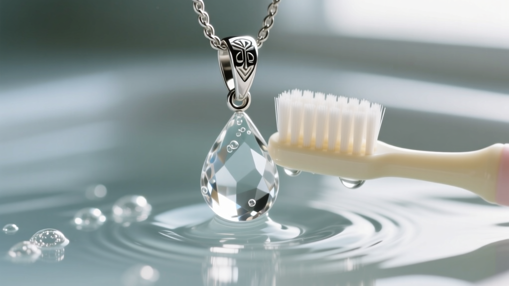 A soft-bristled baby toothbrush gently scrubbing the silver bail cap of a crystal droplet pendant in lukewarm soapy water.