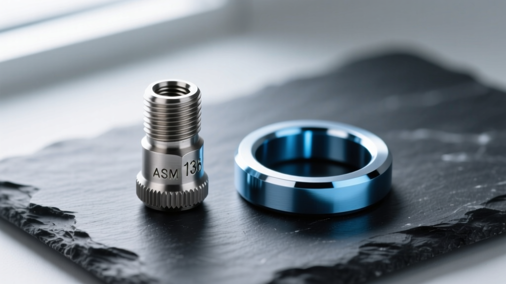 Macro shot of an internally threaded ASTM F136 titanium labret post beside a polished niobium O-ring on a dark slate surface.