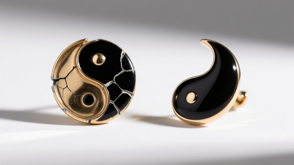 Close-up of a chipped black enamel yin yang earring showing brass underneath, placed next to a pristine black onyx inlay version.