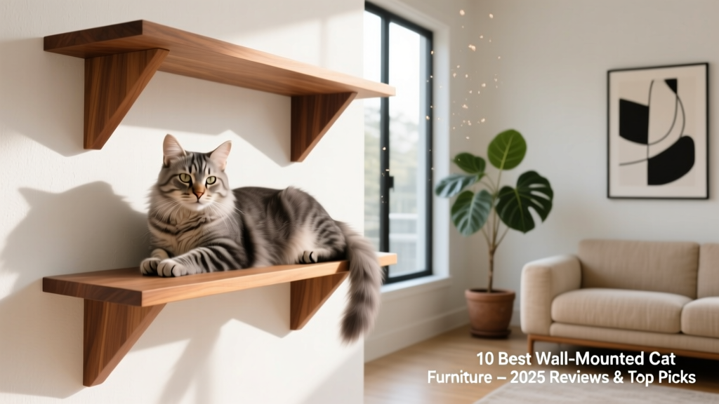 A cat lounging comfortably on a set of stylish, minimalist wall-mounted shelves in a modern living room