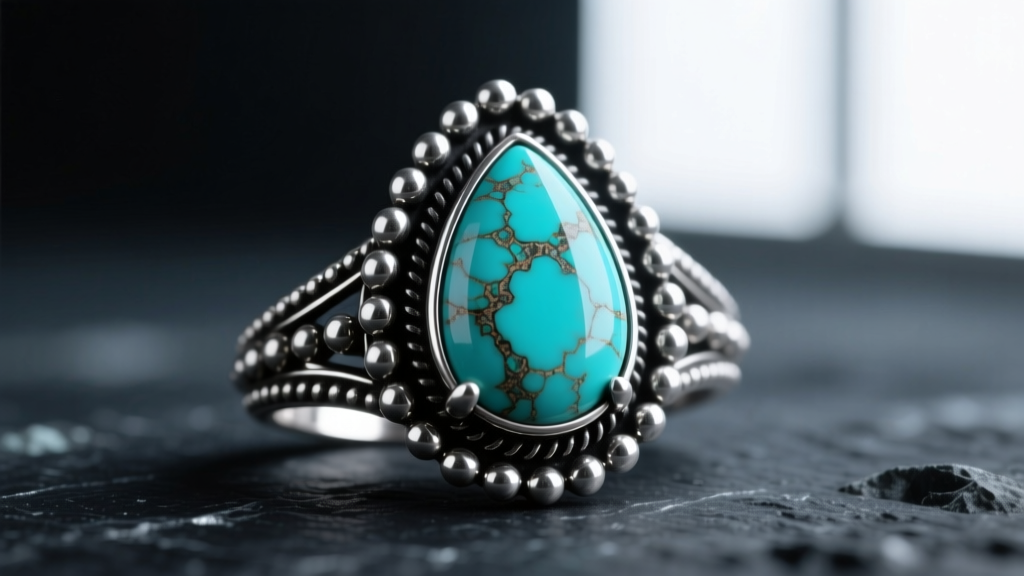 Macro shot of oxidized sterling silver granulation details surrounding a teardrop cabochon turquoise stone on dark slate.