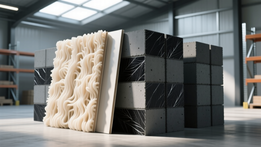 Close-up of pale mycelium insulation panels and dark carbon-injected concrete blocks stacked in a modern, sunlit sustainable construction warehouse