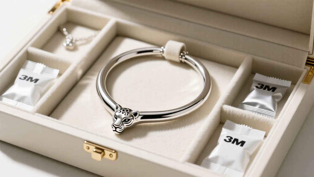 A structured jewelry storage box containing a coiled silver panther necklace, silica gel packets, and anti-tarnish 3M strips