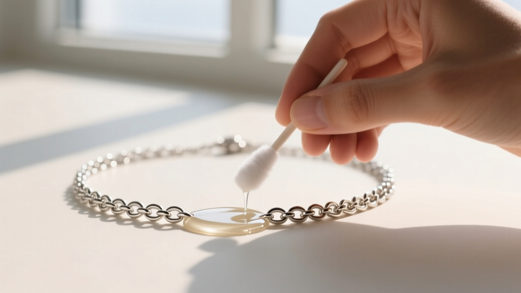 A person carefully applying a specialized rhodium-safe cleaning solution to a delicate chain necklace using a soft cotton swab.