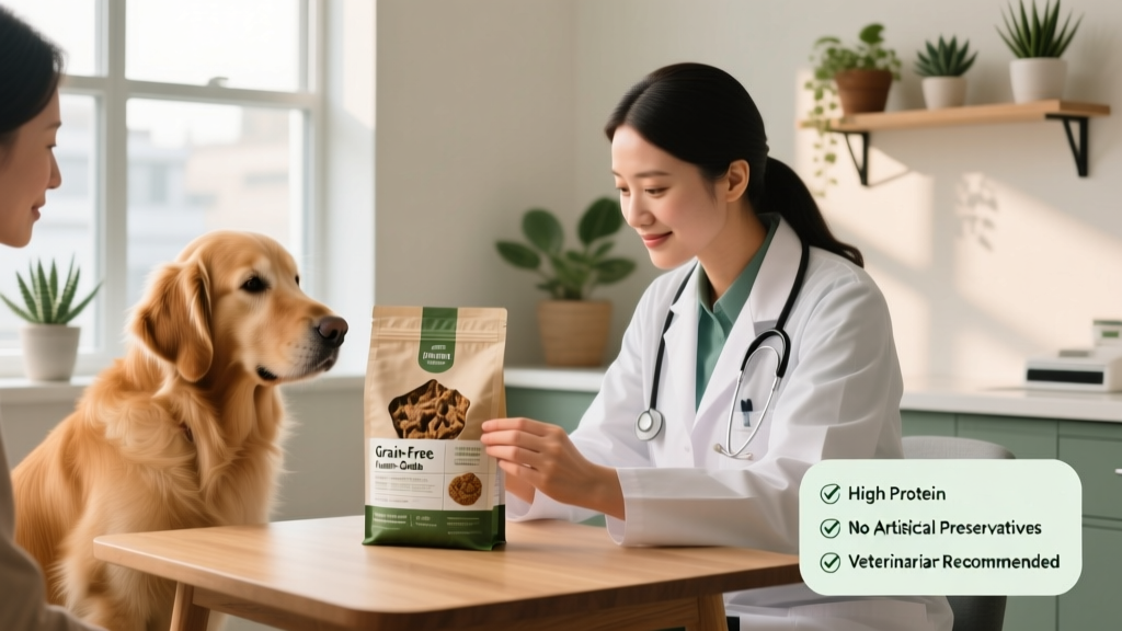 Veterinarian reviewing an air-dried dog food label with a client and their dog in a calm clinic setting