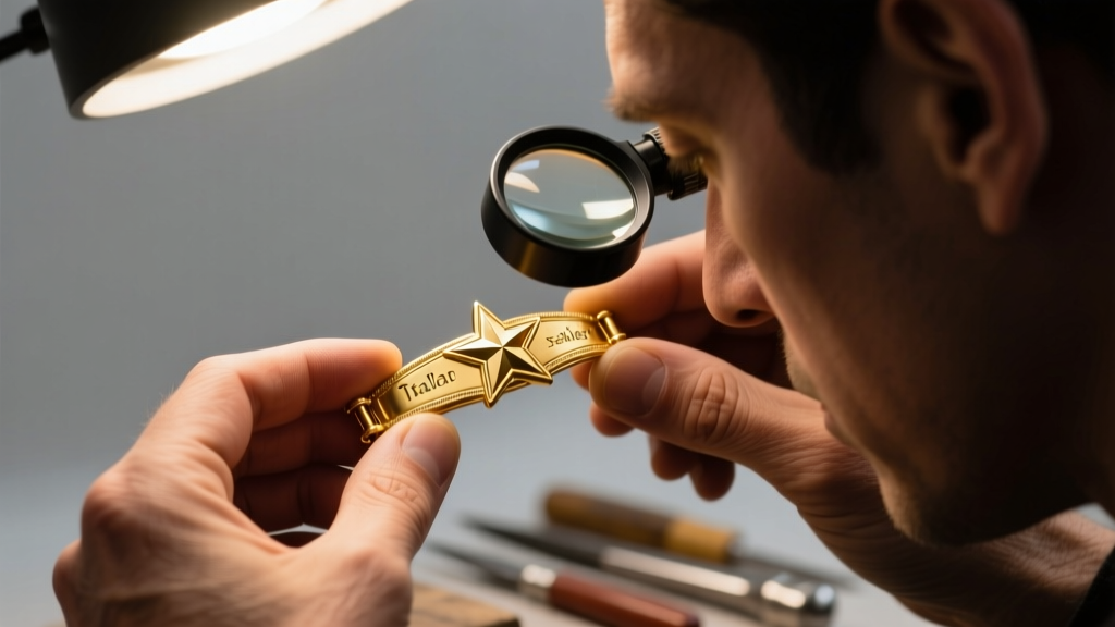 Jeweler using a 10x loupe to inspect a crisp Italian star maker mark on a gold clasp under bright, focused LED studio lighting.