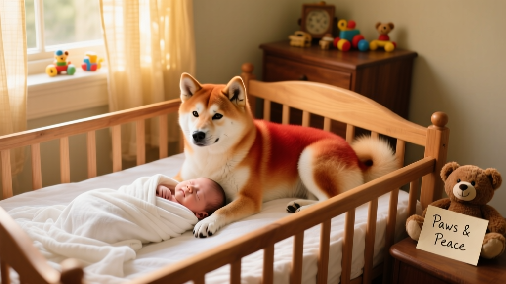 Newborn baby boy and friendly Shiba Inu dog in a sunlit home bedroom