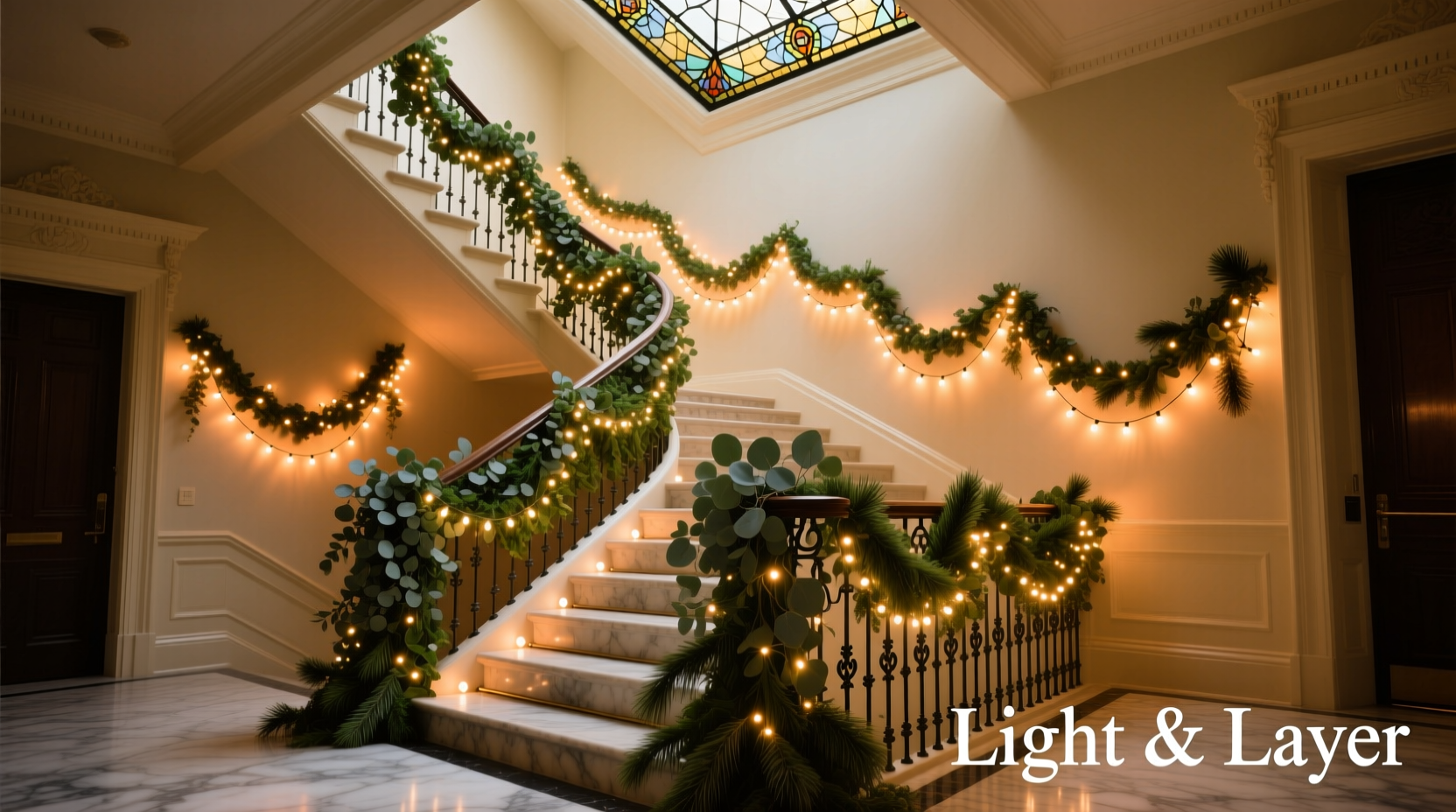 how to layer garlands and lights on a staircase for maximum impact