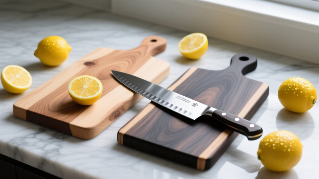 End-grain hard maple and black walnut cutting boards on a marble countertop with fresh lemons and a forged chef knife