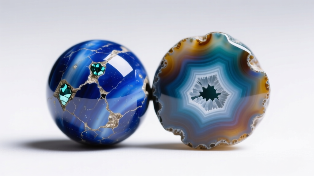 Macro shot of natural lapis lazuli bead beside dyed agate bead, showing porous surface differences under bright studio lighting.