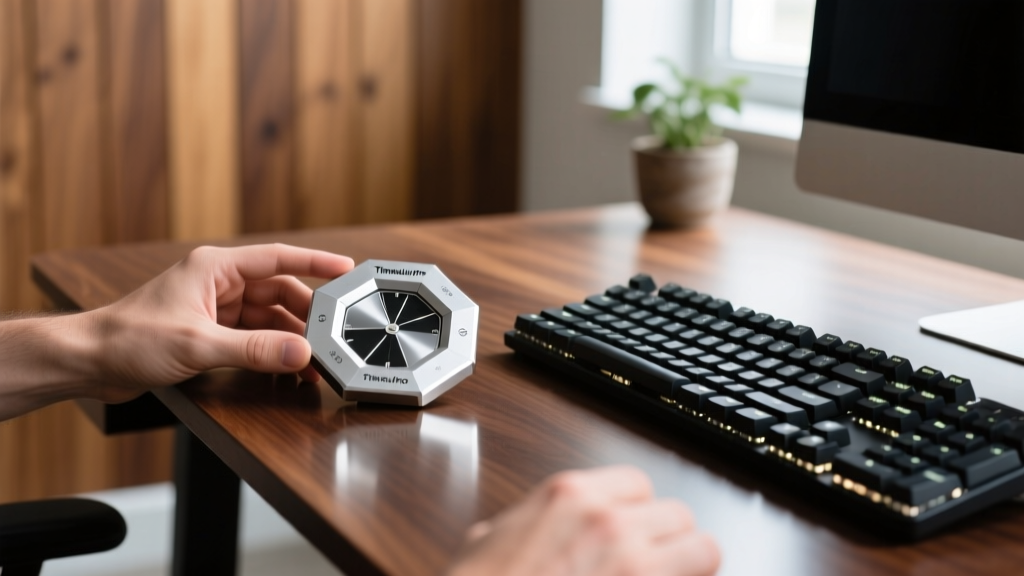 Close-up of a developer flipping the silver Timeular Pro octagonal tracker on a walnut standing desk next to a mechanical keyboard.