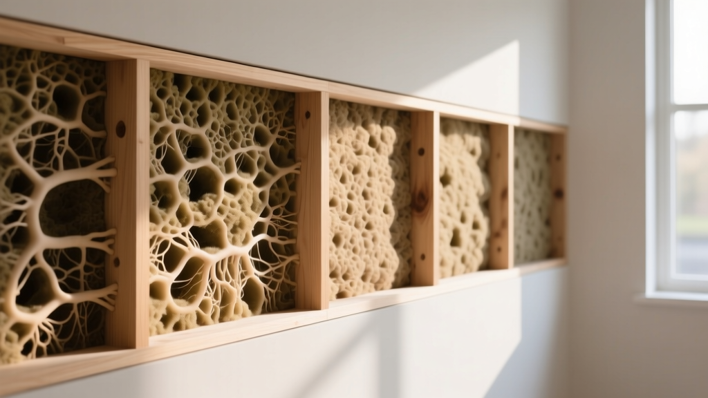 Cross-section of a framed wall showing porous, earth-toned mycelium insulation boards fitted snugly between wooden studs in a modern build