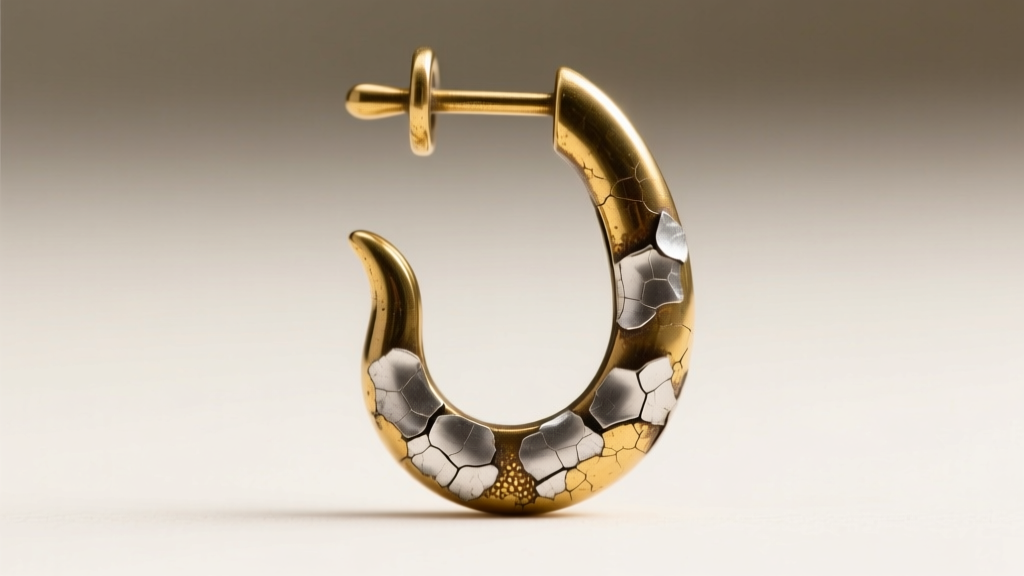 Macro view of a tarnished 20-gauge brass French hook earring showing flaking silver plating under bright studio lighting.