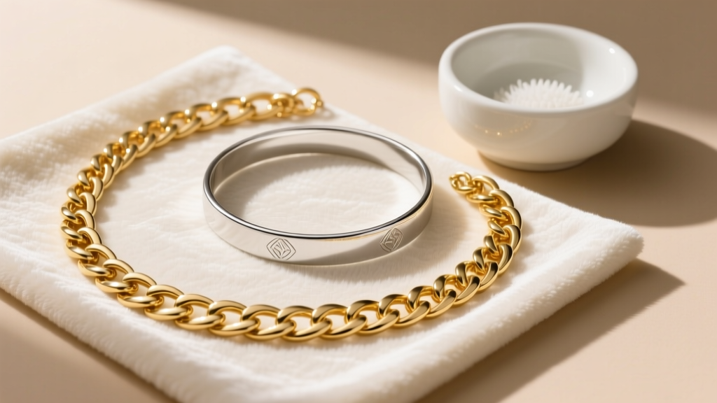 Top-down view of a 16-inch gold chain and 18-inch silver choker on a microfiber cloth beside a ceramic cleaning bowl