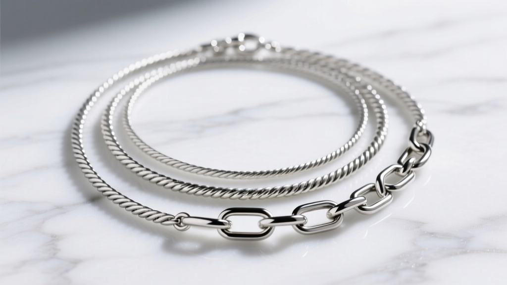 Layered sterling silver necklace stack with a delicate cable chain, medium rope chain, and thick paperclip link on marble.